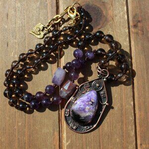 Mystic Harmony Amethyst and Smoky Quartz Gemstone Necklace with Pendant